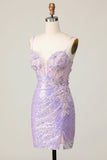 Glitrende Lilla Bodycon Korsett Paljetter Homecoming Kjole med 3D-blomster