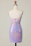 Glitrende Lilla Bodycon Korsett Paljetter Homecoming Kjole med 3D-blomster