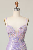 Glitrende Lilla Bodycon Korsett Paljetter Homecoming Kjole med 3D-blomster
