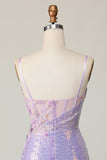 Glitrende Lilla Bodycon Korsett Paljetter Homecoming Kjole med 3D-blomster