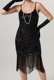 Glitrende svart paljett-spaghetti-stropper Bodycon kort kjole fra 1920-tallet med frynser