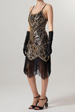 Glitrende svart paljett-spaghetti-stropper Bodycon kort kjole fra 1920-tallet med frynser