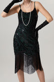 Glitrende svart paljett-spaghetti-stropper Bodycon kort kjole fra 1920-tallet med frynser