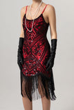 Glitrende svart paljett-spaghetti-stropper Bodycon kort kjole fra 1920-tallet med frynser
