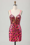 Fuchsia Bodycon Spaghetti Stropper Paljetter Homecoming Kjole med Splitt