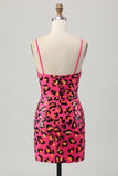 Fuchsia Bodycon Spaghetti Stropper Paljetter Homecoming Kjole med Splitt