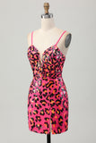 Fuchsia Bodycon Spaghetti Stropper Paljetter Homecoming Kjole med Splitt