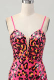 Fuchsia Bodycon Spaghetti Stropper Paljetter Homecoming Kjole med Splitt