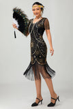 Gatsby Black Silver Scoop Fringed Bodycon 1920-talls kjole med paljetter