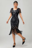 Gatsby Black Silver Scoop Fringed Bodycon 1920-talls kjole med paljetter