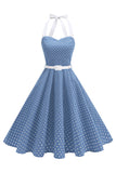 Halter Polka Dots Kongeblå A-linje 1950-talls kjole