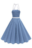 Halter Polka Dots Kongeblå A-linje 1950-talls kjole