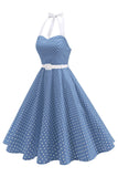 Halter Polka Dots Kongeblå A-linje 1950-talls kjole