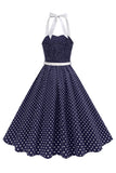 Halter Polka Dots Kongeblå A-linje 1950-talls kjole