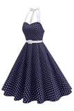 Halter Polka Dots Kongeblå A-linje 1950-talls kjole