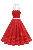 Halter Polka Dots Kongeblå A-linje 1950-talls kjole
