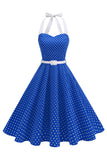Halter Polka Dots Kongeblå A-linje 1950-talls kjole