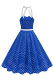 Halter Polka Dots Kongeblå A-linje 1950-talls kjole