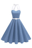Halter Polka Dots Lyseblå A-linje 1950-talls kjole