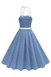 Halter Polka Dots Lyseblå A-linje 1950-talls kjole