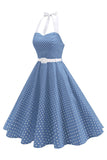 Halter Polka Dots Lyseblå A-linje 1950-talls kjole