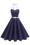 Halter Polka Dots Lyseblå A-linje 1950-talls kjole