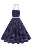 Halter Polka Dots Lyseblå A-linje 1950-talls kjole
