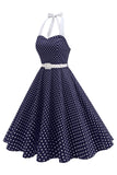 Halter Polka Dots Lyseblå A-linje 1950-talls kjole
