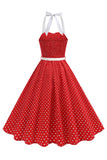 Halter Polka Dots Lyseblå A-linje 1950-talls kjole
