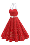 Halter Polka Dots Lyseblå A-linje 1950-talls kjole