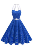 Halter Polka Dots Lyseblå A-linje 1950-talls kjole