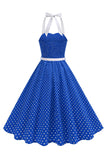 Halter Polka Dots Lyseblå A-linje 1950-talls kjole