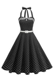 Polka dots halter svart A-linje 1950-talls kjole med sløyfe