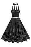 Polka dots halter svart A-linje 1950-talls kjole med sløyfe