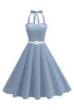 Polka dots halter svart A-linje 1950-talls kjole med sløyfe