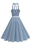 Polka dots halter svart A-linje 1950-talls kjole med sløyfe