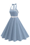 Polka dots halter svart A-linje 1950-talls kjole med sløyfe