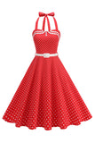 Polka dots halter svart A-linje 1950-talls kjole med sløyfe