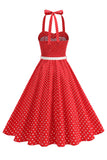 Polka dots halter svart A-linje 1950-talls kjole med sløyfe