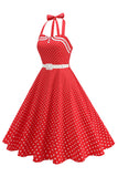 Polka dots halter svart A-linje 1950-talls kjole med sløyfe