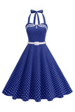 Polka dots halter svart A-linje 1950-talls kjole med sløyfe