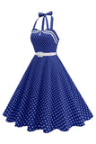 Polka dots halter svart A-linje 1950-talls kjole med sløyfe
