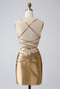 Load image into Gallery viewer, Gold Bodycon Spaghetti stropper Satin Cocktailkjole med Criss Cross Back