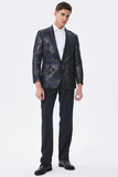 Dark Navy Jacquard Shawl Lapel Prom Blazer for menn