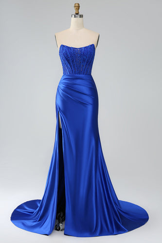 Royal Blue Mermaid stroppeløs lang korsett Prom kjole med spalt