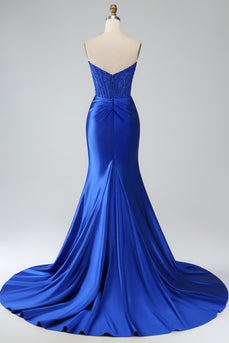 Royal Blue Mermaid stroppeløs lang korsett Prom kjole med spalt