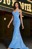 Load image into Gallery viewer, Glitrende blå spaghetti stropper Lang havfrue prom kjole med paljetter