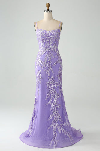 Havfrue Lilac Spaghetti stropper Long Prom Kjole med Appliques