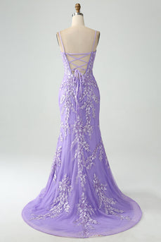 Havfrue Lilac Spaghetti stropper Long Prom Kjole med Appliques