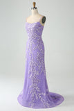 Havfrue Lilac Spaghetti stropper Long Prom Kjole med Appliques